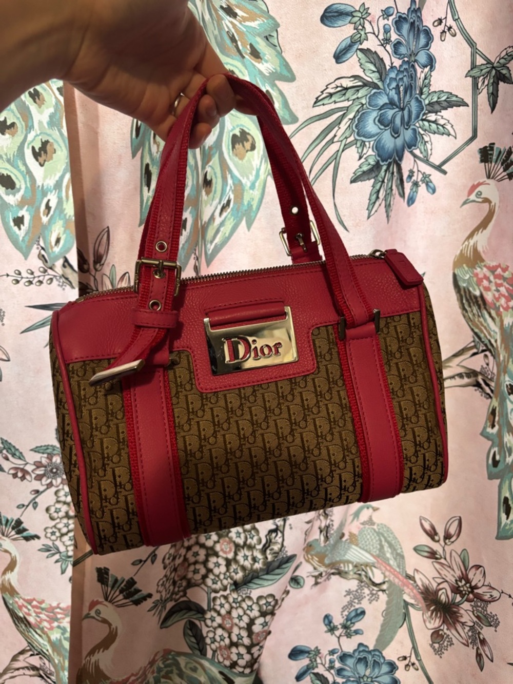 Dior John Galliano Trotter Brown Monogram Satchel with Hot Pink Leather